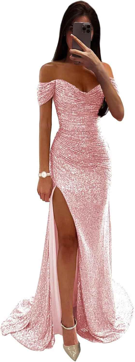 Sequin Prom Dresses for Women Off Shoulder V - Neck Long Ball Gown with Slit Formal Evening Party - Bmbride