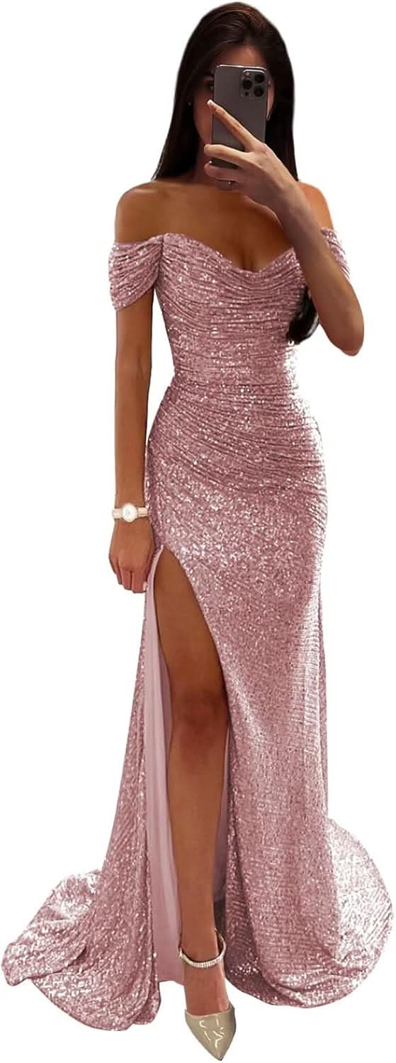 Sequin Prom Dresses for Women Off Shoulder V - Neck Long Ball Gown with Slit Formal Evening Party - Bmbride
