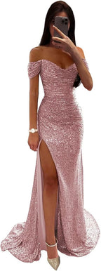 Sequin Prom Dresses for Women Off Shoulder V - Neck Long Ball Gown with Slit Formal Evening Party - Bmbride