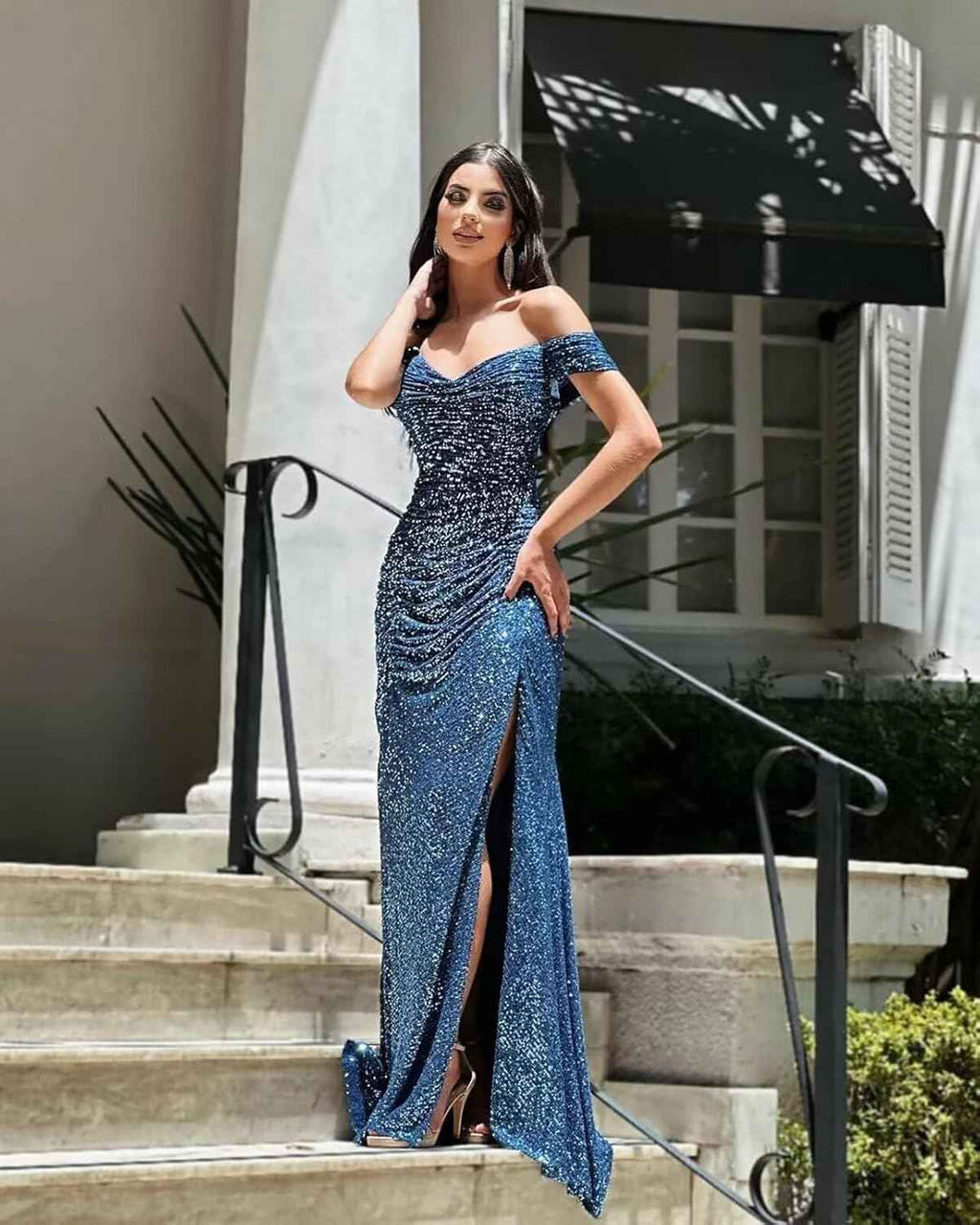 Sequin Prom Dresses for Women Off Shoulder V - Neck Long Ball Gown with Slit Formal Evening Party - Bmbride