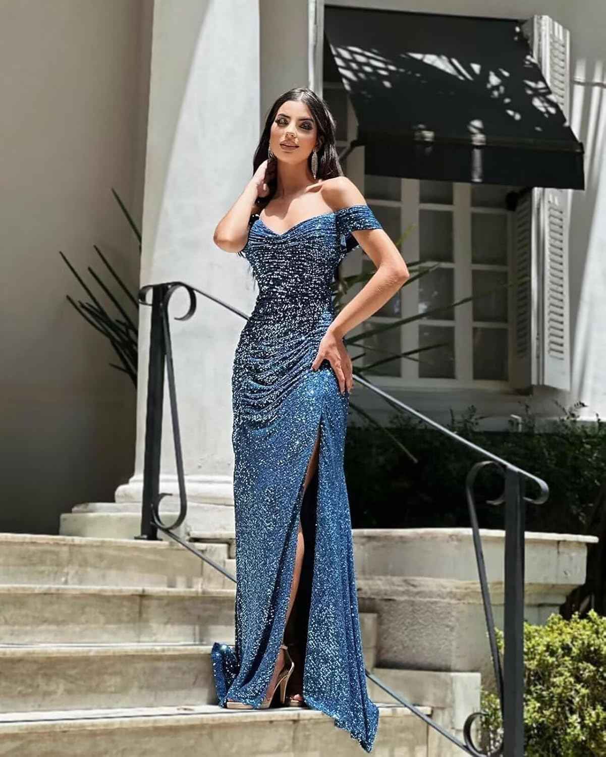 Sequin Prom Dresses for Women Off Shoulder V - Neck Long Ball Gown with Slit Formal Evening Party - Bmbride