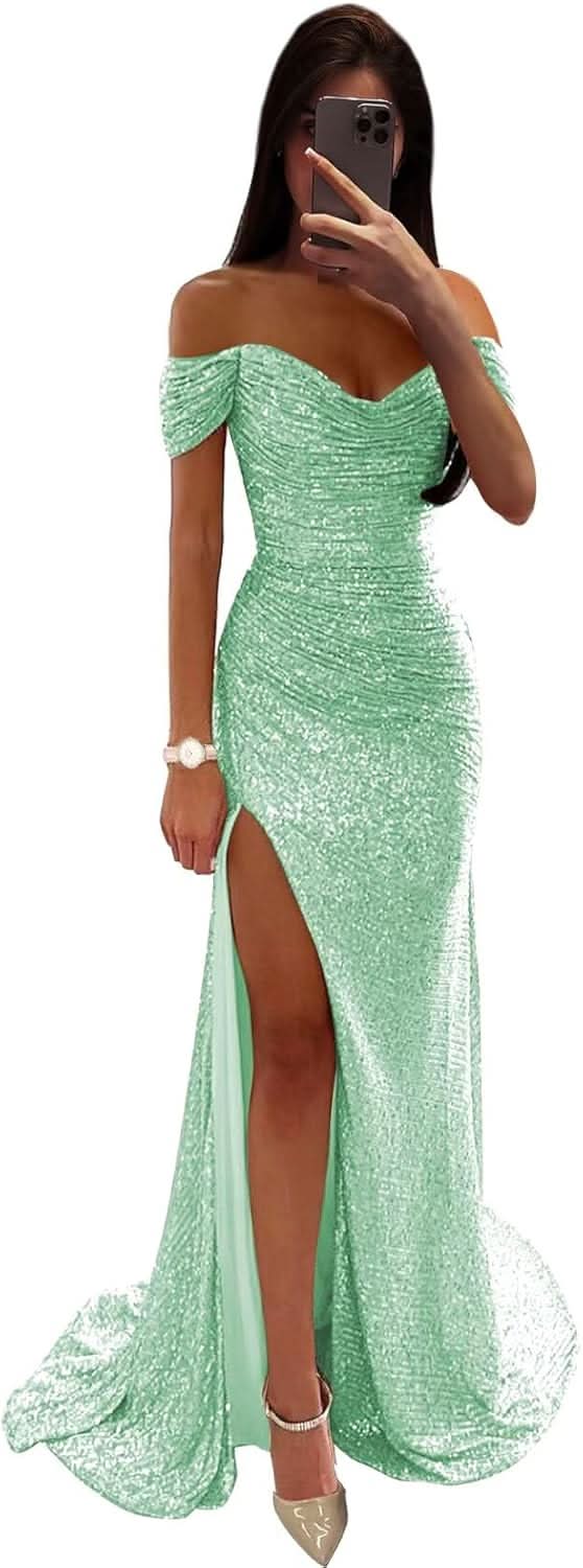Sequin Prom Dresses for Women Off Shoulder V - Neck Long Ball Gown with Slit Formal Evening Party - Bmbride