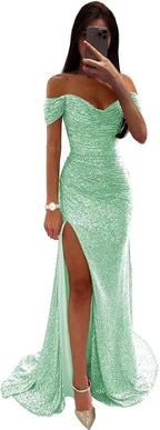 Sequin Prom Dresses for Women Off Shoulder V - Neck Long Ball Gown with Slit Formal Evening Party - Bmbride