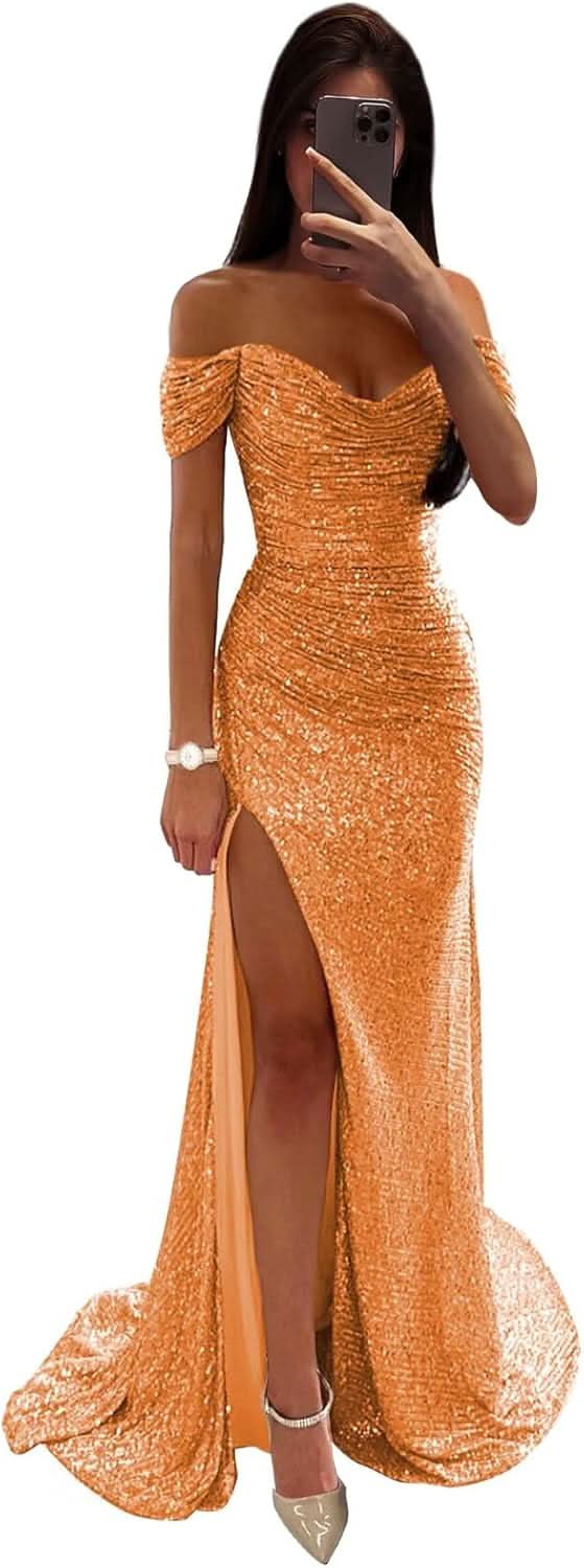 Sequin Prom Dresses for Women Off Shoulder V - Neck Long Ball Gown with Slit Formal Evening Party - Bmbride