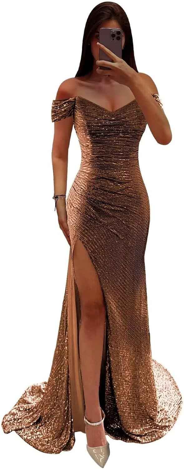 Sequin Prom Dresses for Women Off Shoulder V - Neck Long Ball Gown with Slit Formal Evening Party - Bmbride