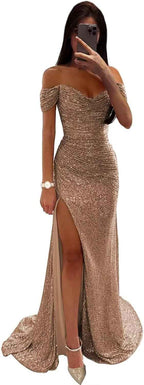 Sequin Prom Dresses for Women Off Shoulder V - Neck Long Ball Gown with Slit Formal Evening Party - Bmbride