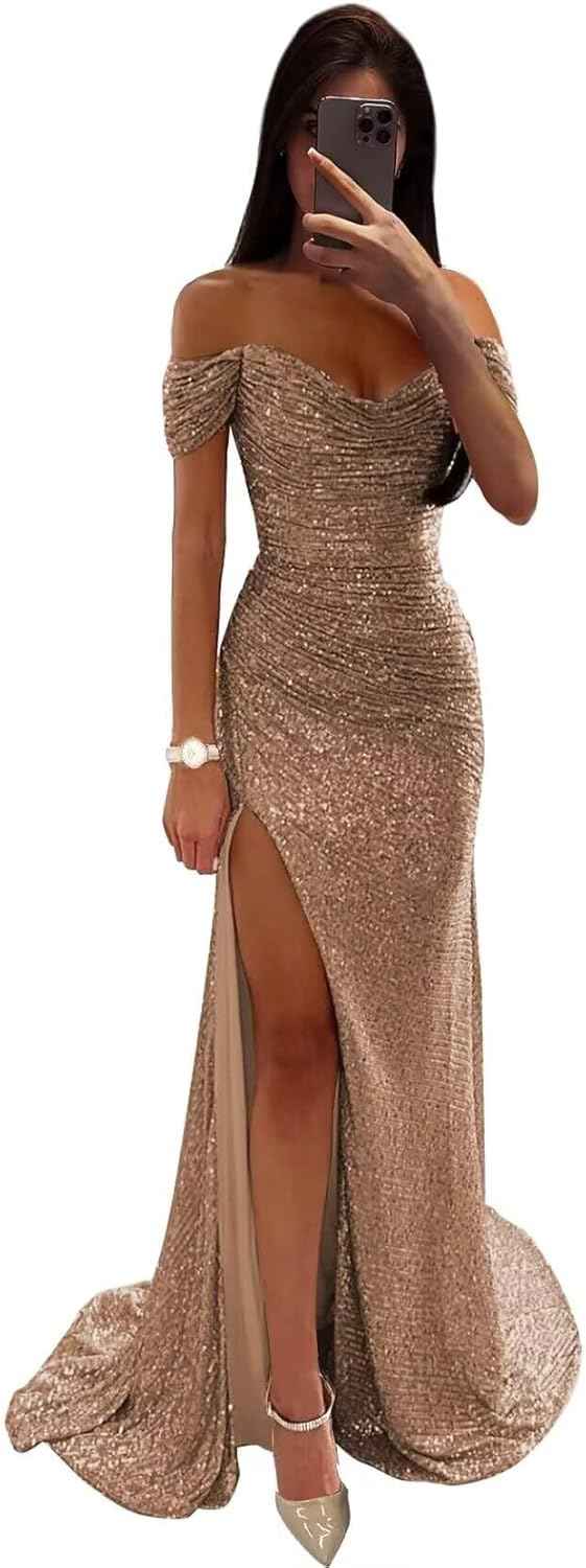 Sequin Prom Dresses for Women Off Shoulder V - Neck Long Ball Gown with Slit Formal Evening Party - Bmbride
