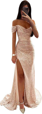 Sequin Prom Dresses for Women Off Shoulder V - Neck Long Ball Gown with Slit Formal Evening Party - Bmbride