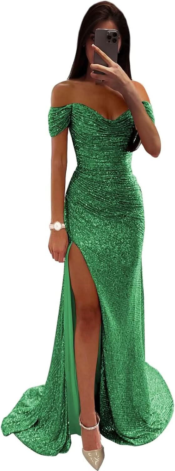 Sequin Prom Dresses for Women Off Shoulder V - Neck Long Ball Gown with Slit Formal Evening Party - Bmbride
