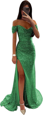 Sequin Prom Dresses for Women Off Shoulder V - Neck Long Ball Gown with Slit Formal Evening Party - Bmbride