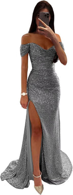 Sequin Prom Dresses for Women Off Shoulder V - Neck Long Ball Gown with Slit Formal Evening Party - Bmbride