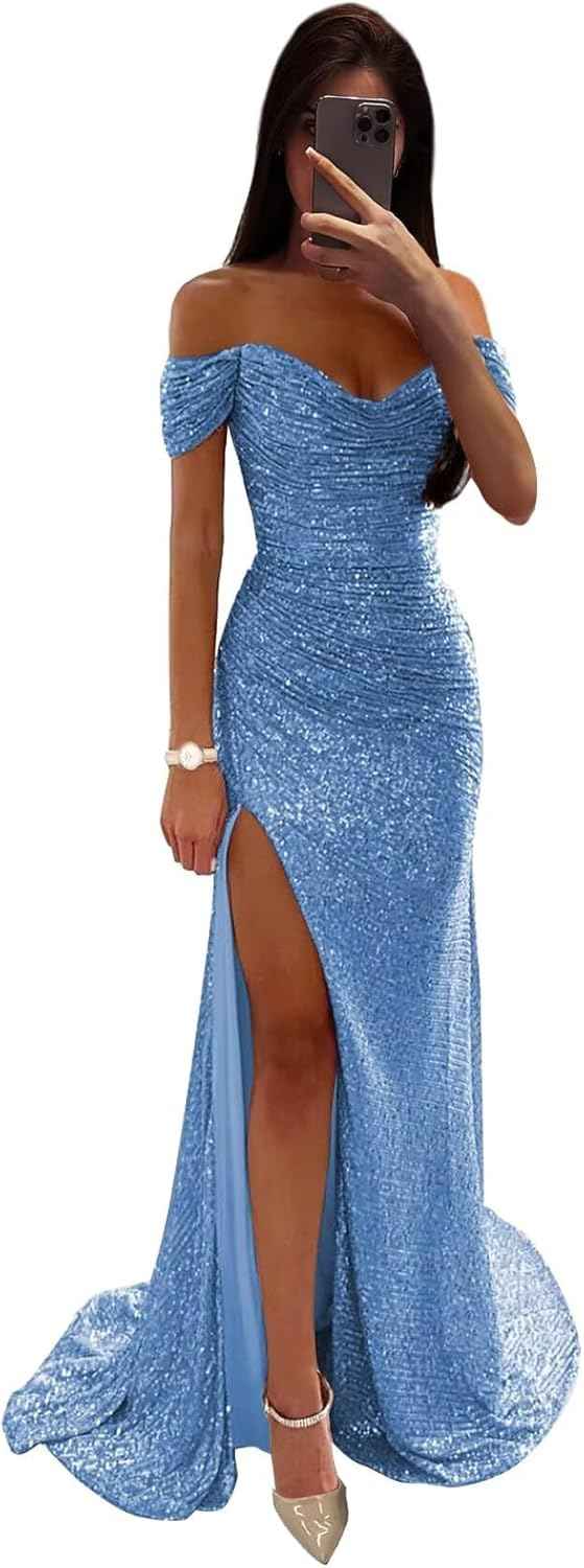 Sequin Prom Dresses for Women Off Shoulder V - Neck Long Ball Gown with Slit Formal Evening Party - Bmbride