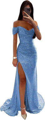 Sequin Prom Dresses for Women Off Shoulder V - Neck Long Ball Gown with Slit Formal Evening Party - Bmbride