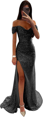 Sequin Prom Dresses for Women Off Shoulder V - Neck Long Ball Gown with Slit Formal Evening Party - Bmbride