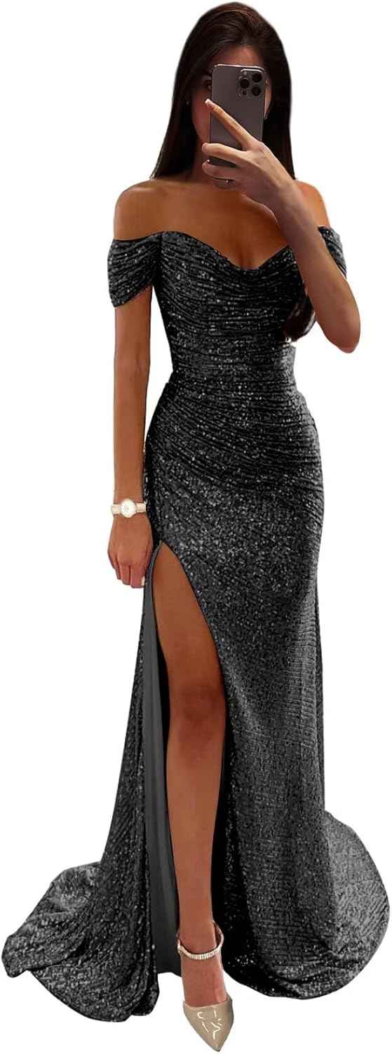 Sequin Prom Dresses for Women Off Shoulder V - Neck Long Ball Gown with Slit Formal Evening Party - Bmbride