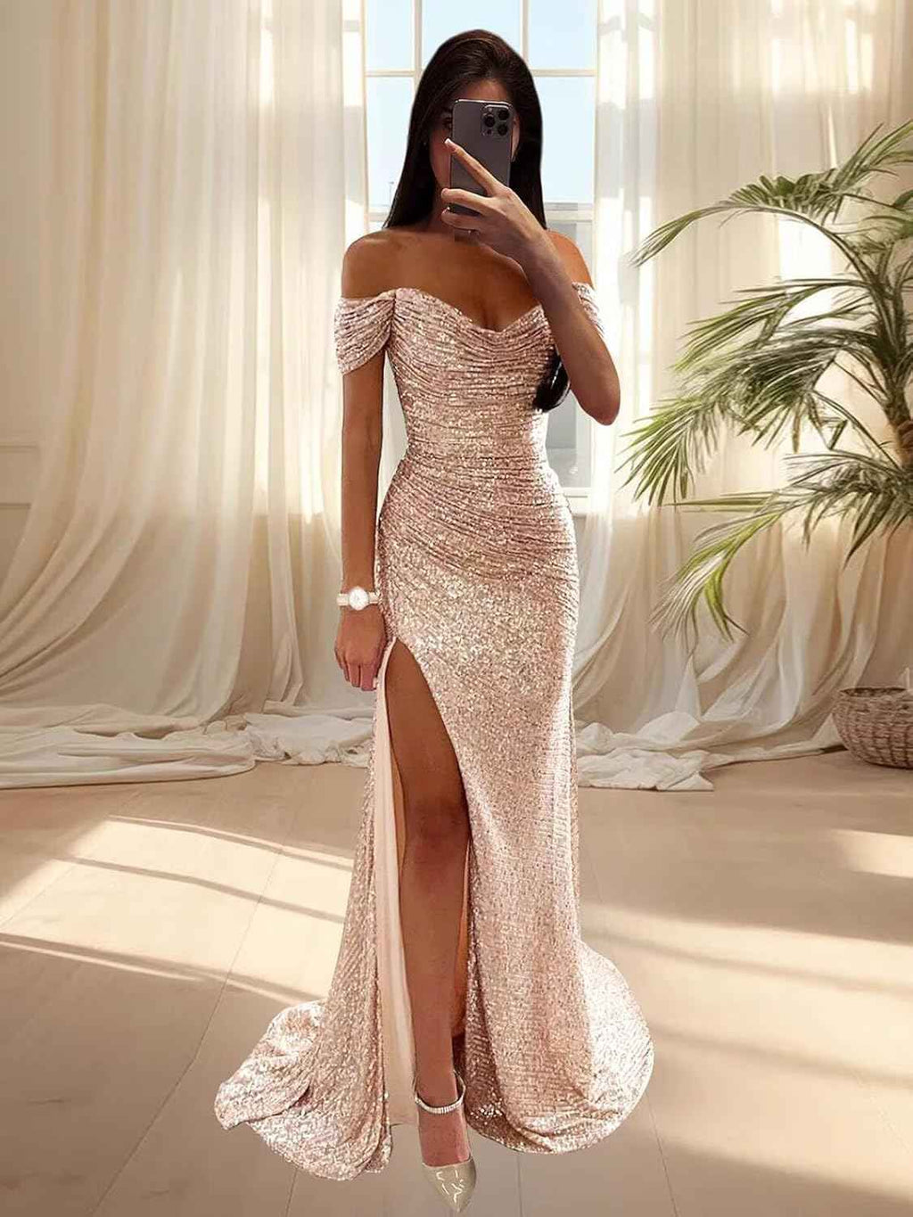 Sequin Prom Dresses for Women Off Shoulder V - Neck Long Ball Gown with Slit Formal Evening Party - Bmbride