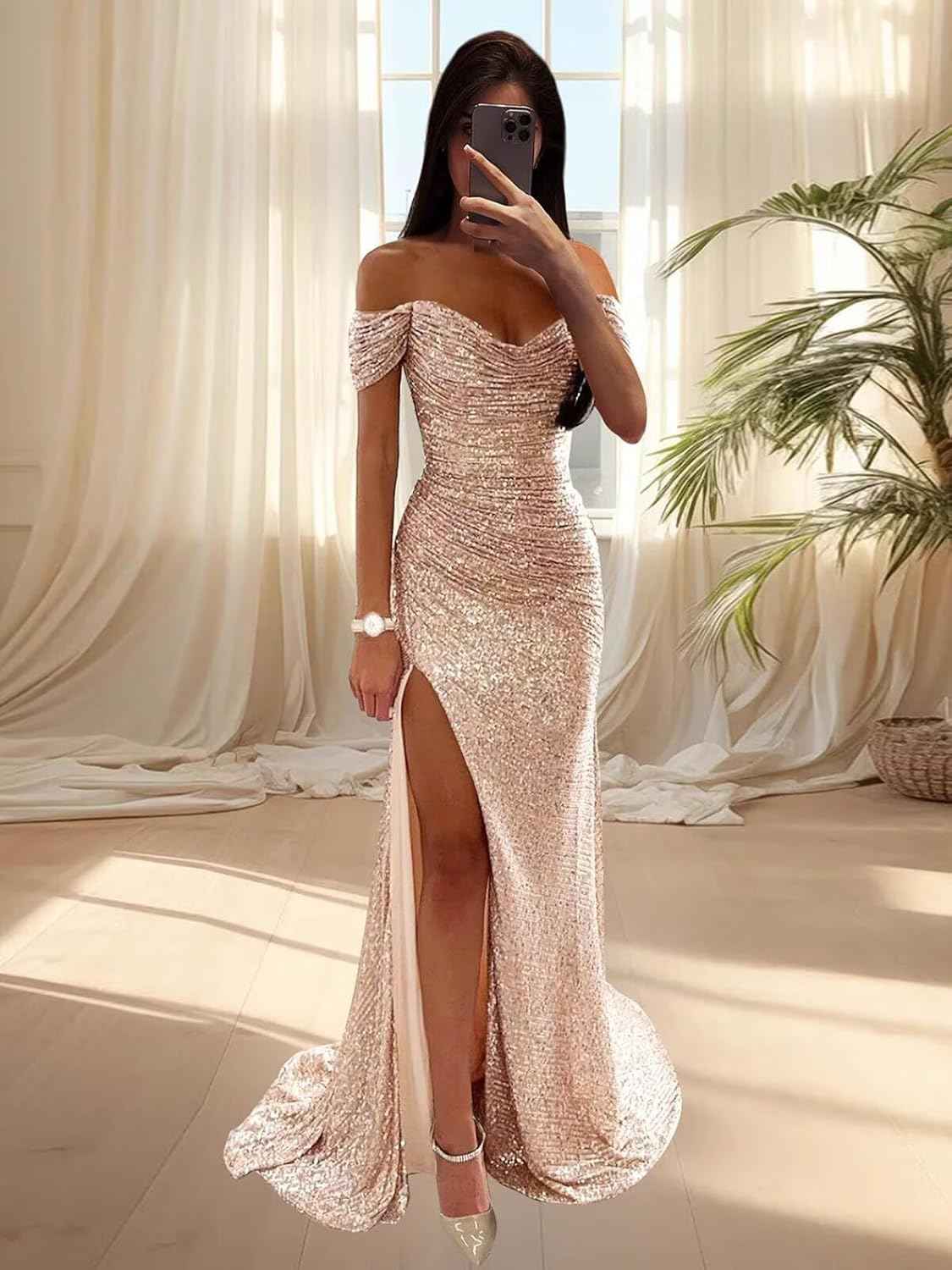 Sequin Prom Dresses for Women Off Shoulder V - Neck Long Ball Gown with Slit Formal Evening Party - Bmbride