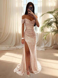 Sequin Prom Dresses for Women Off Shoulder V - Neck Long Ball Gown with Slit Formal Evening Party - Bmbride