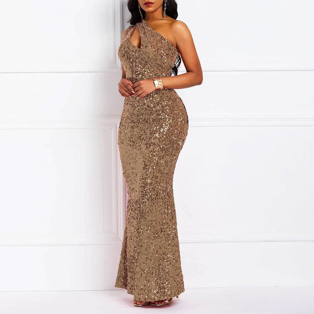 Sequins Fashion Sleeveless Oblique Collar Mermaid Women's Maxi Dress Bodycon Dress Party Dress - Bmbride