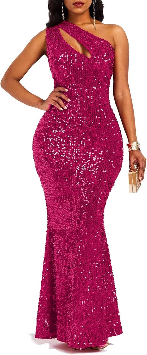 Sequins Fashion Sleeveless Oblique Collar Mermaid Women's Maxi Dress Bodycon Dress Party Dress - Bmbride