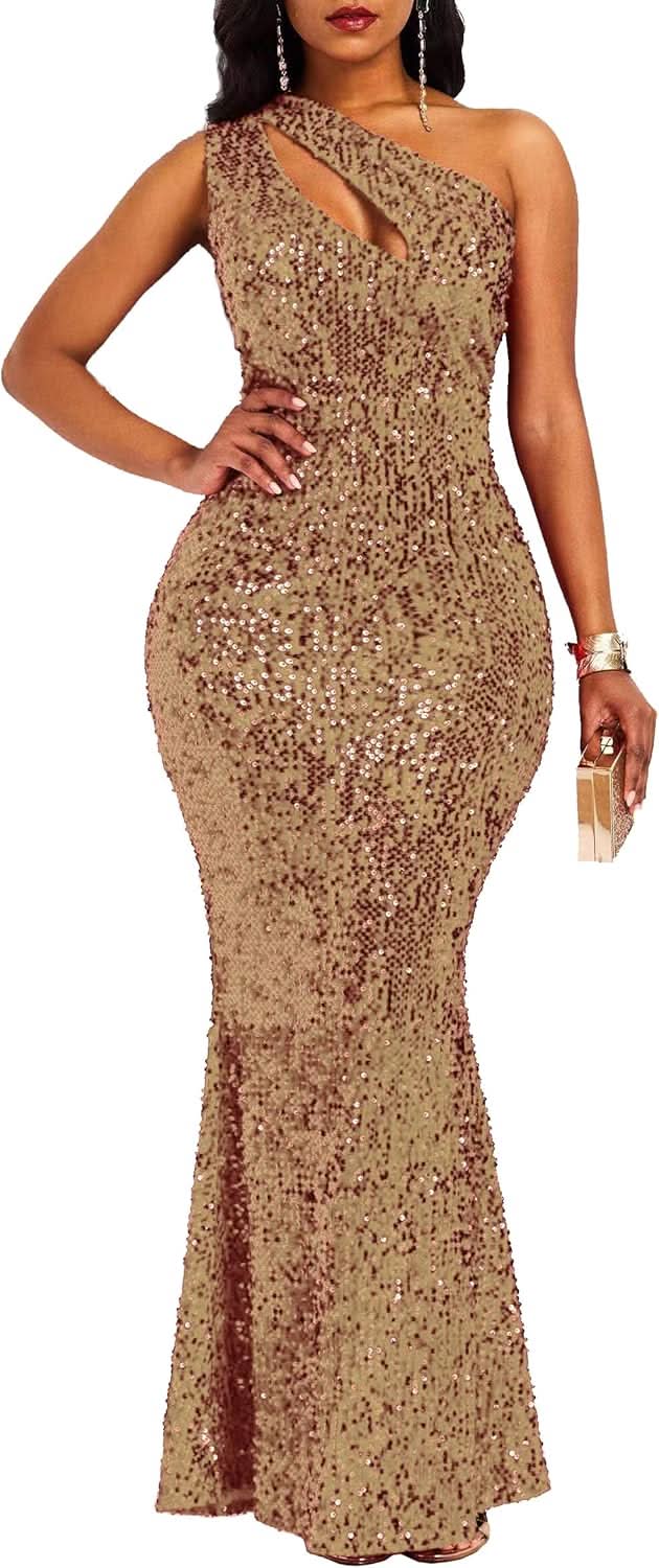 Sequins Fashion Sleeveless Oblique Collar Mermaid Women's Maxi Dress Bodycon Dress Party Dress - Bmbride