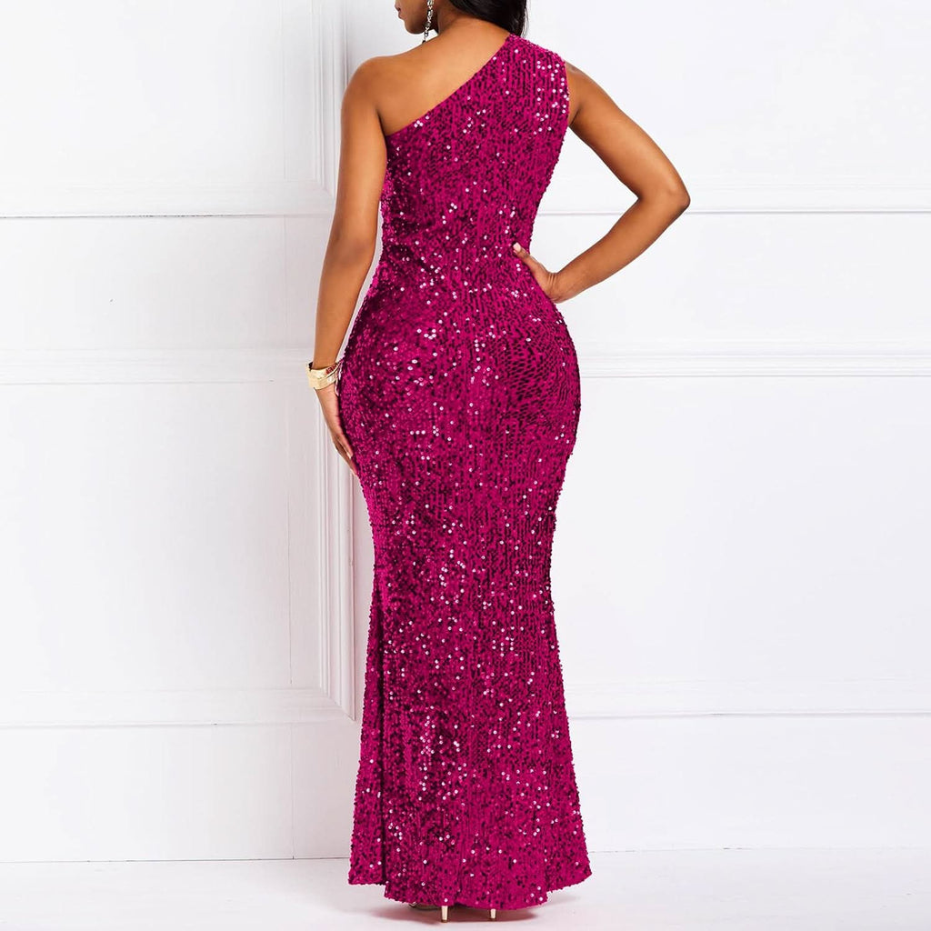 Sequins Fashion Sleeveless Oblique Collar Mermaid Women's Maxi Dress Bodycon Dress Party Dress - Bmbride