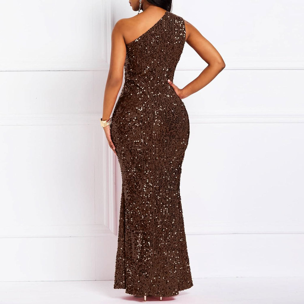 Sequins Fashion Sleeveless Oblique Collar Mermaid Women's Maxi Dress Bodycon Dress Party Dress - Bmbride