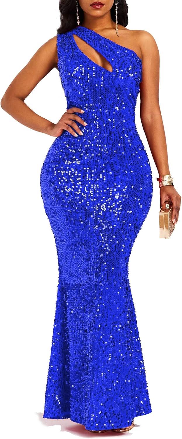 Sequins Fashion Sleeveless Oblique Collar Mermaid Women's Maxi Dress Bodycon Dress Party Dress - Bmbride