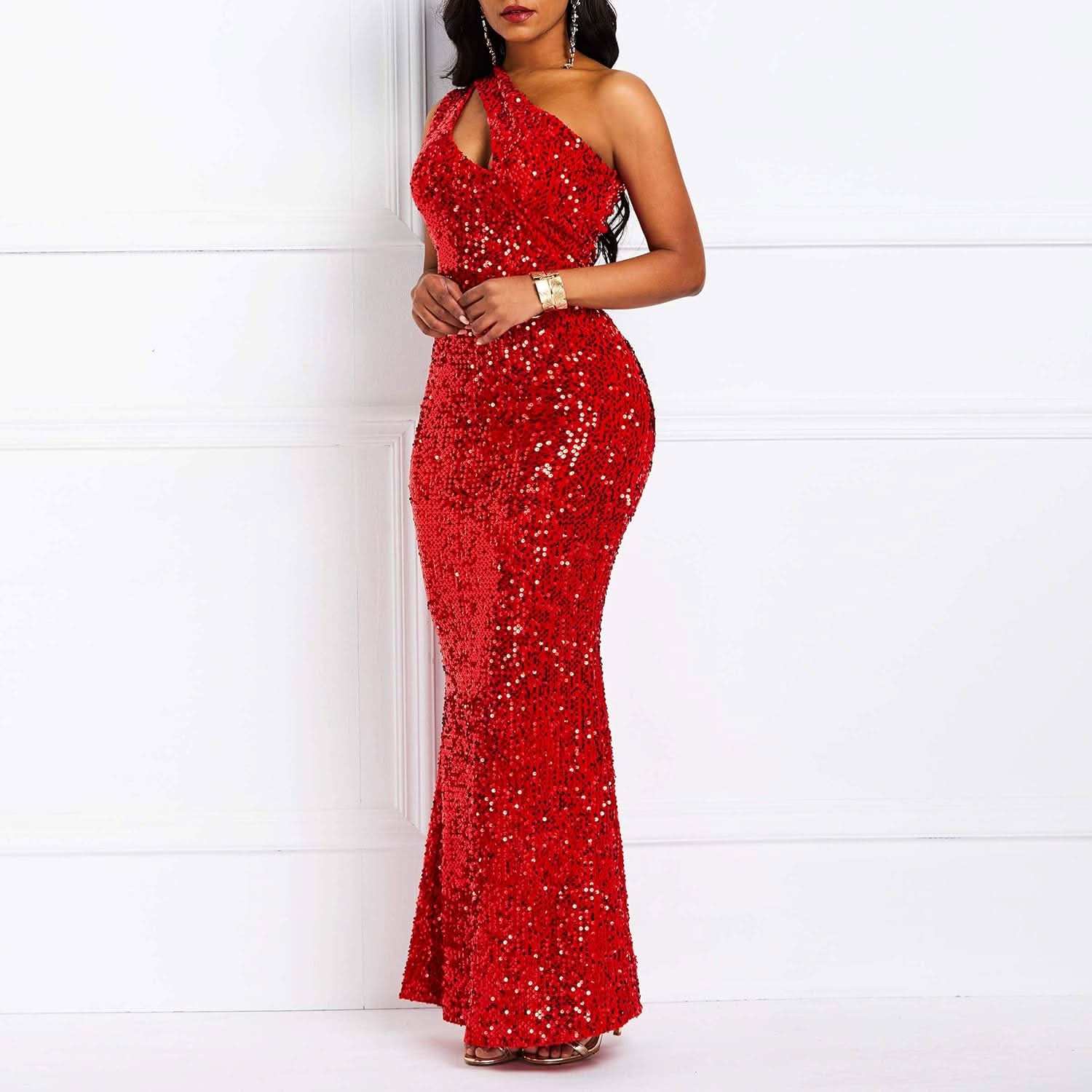 Sequins Fashion Sleeveless Oblique Collar Mermaid Women's Maxi Dress Bodycon Dress Party Dress - Bmbride