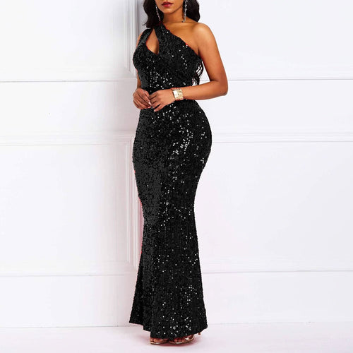 Sequins Fashion Sleeveless Oblique Collar Mermaid Women's Maxi Dress Bodycon Dress Party Dress BM