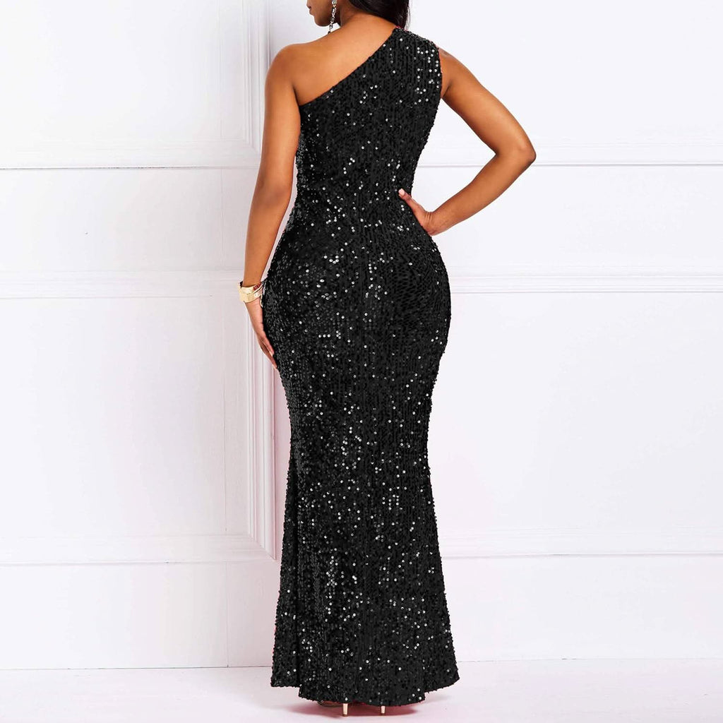 Sequins Fashion Sleeveless Oblique Collar Mermaid Women's Maxi Dress Bodycon Dress Party Dress - Bmbride