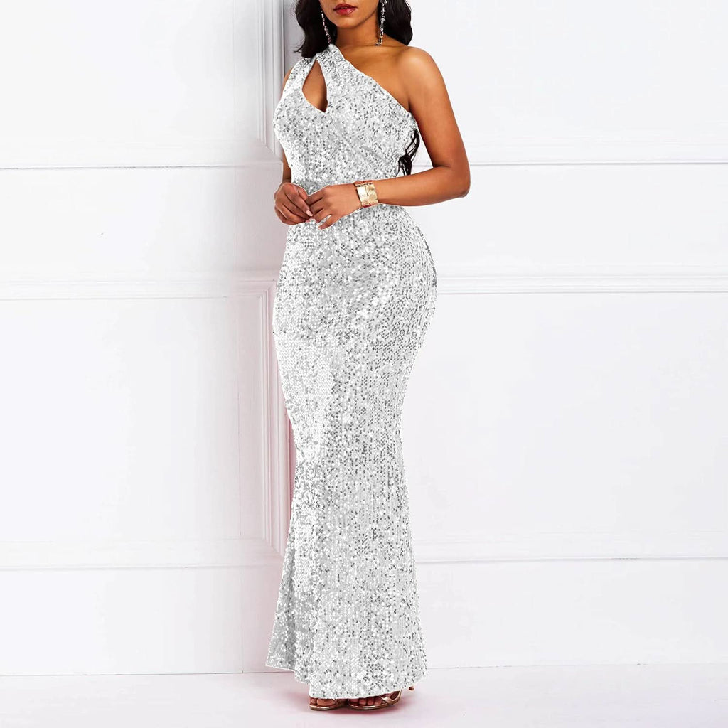 Sequins Fashion Sleeveless Oblique Collar Mermaid Women's Maxi Dress Bodycon Dress Party Dress - Bmbride