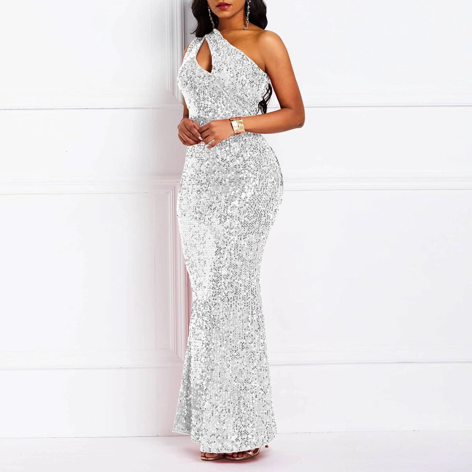 Sequins Fashion Sleeveless Oblique Collar Mermaid Women's Maxi Dress Bodycon Dress Party Dress - Bmbride