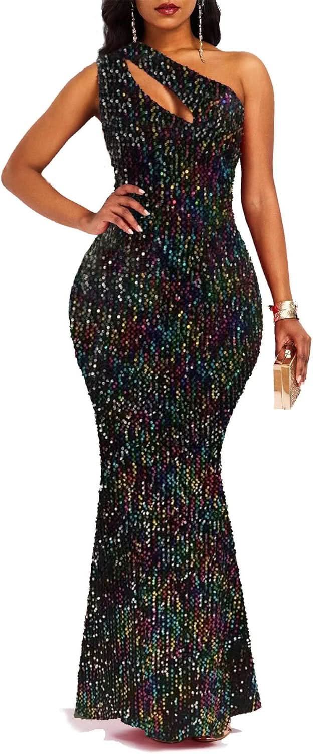 Sequins Fashion Sleeveless Oblique Collar Mermaid Women's Maxi Dress Bodycon Dress Party Dress - Bmbride