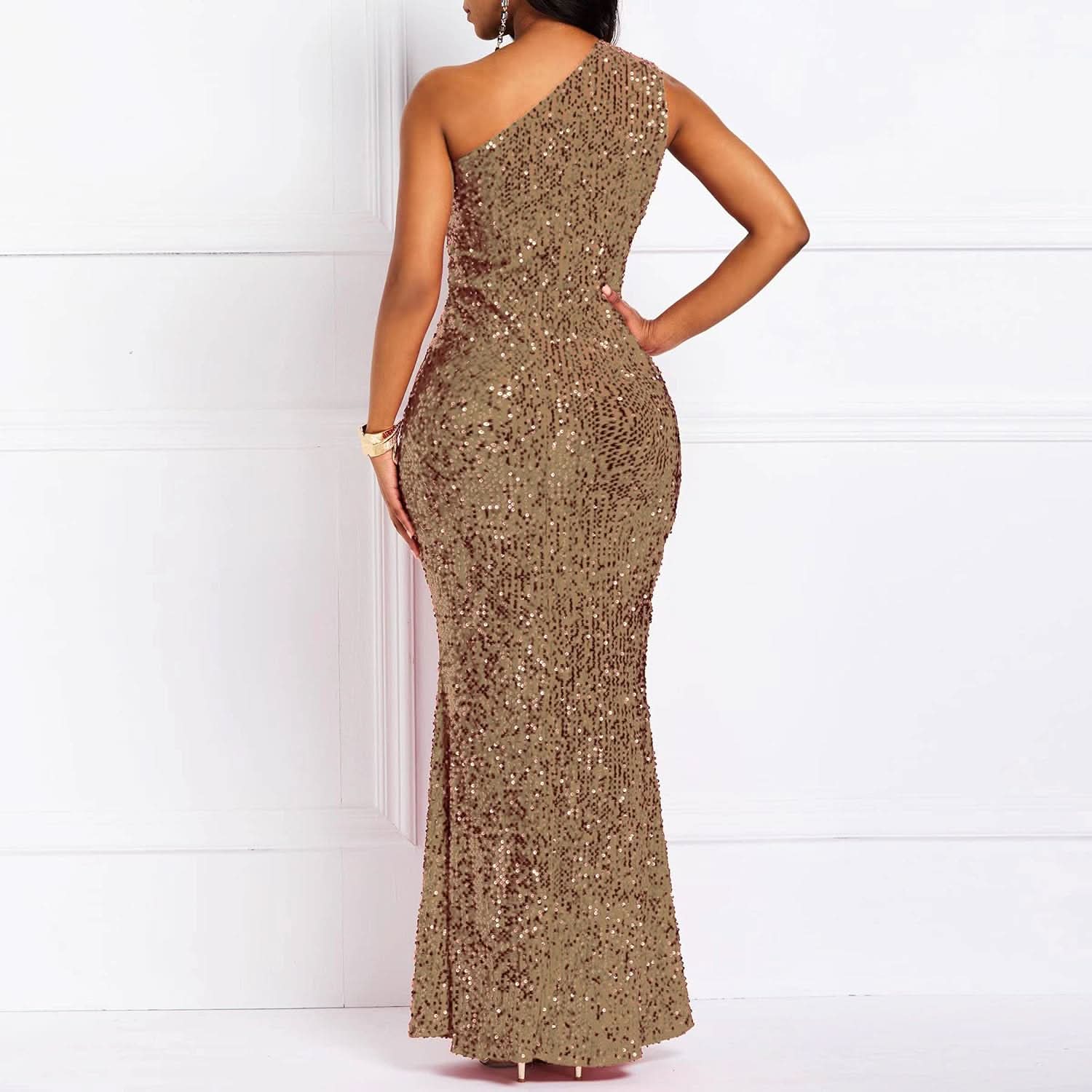 Sequins Fashion Sleeveless Oblique Collar Mermaid Women's Maxi Dress Bodycon Dress Party Dress - Bmbride