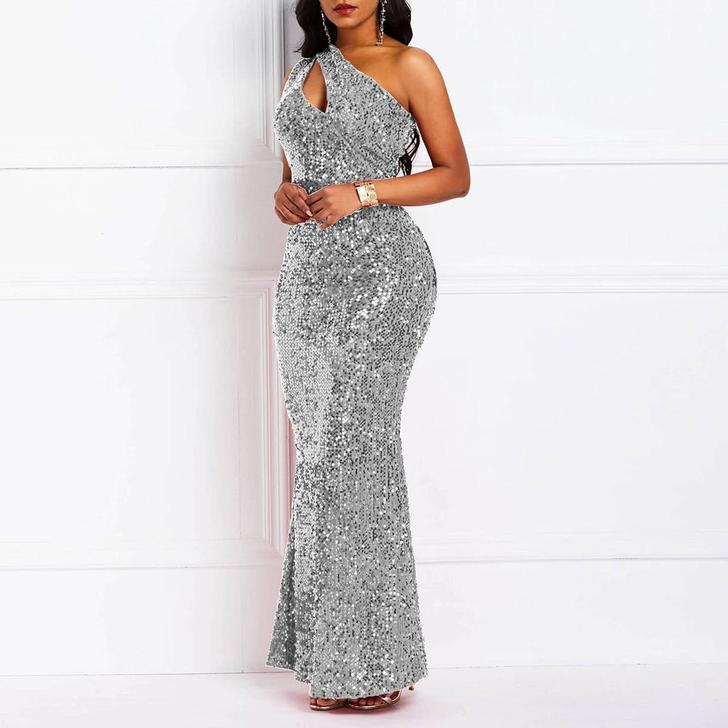 Sequins Fashion Sleeveless Oblique Collar Mermaid Women's Maxi Dress Bodycon Dress Party Dress - Bmbride
