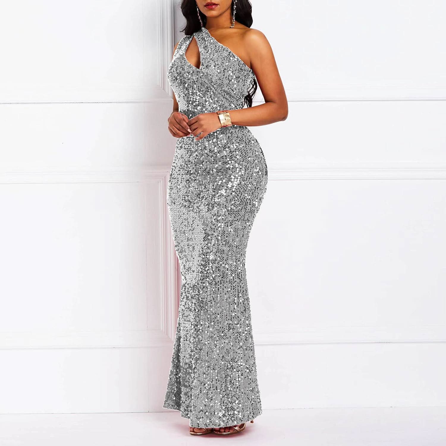 Sequins Fashion Sleeveless Oblique Collar Mermaid Women's Maxi Dress Bodycon Dress Party Dress - Bmbride