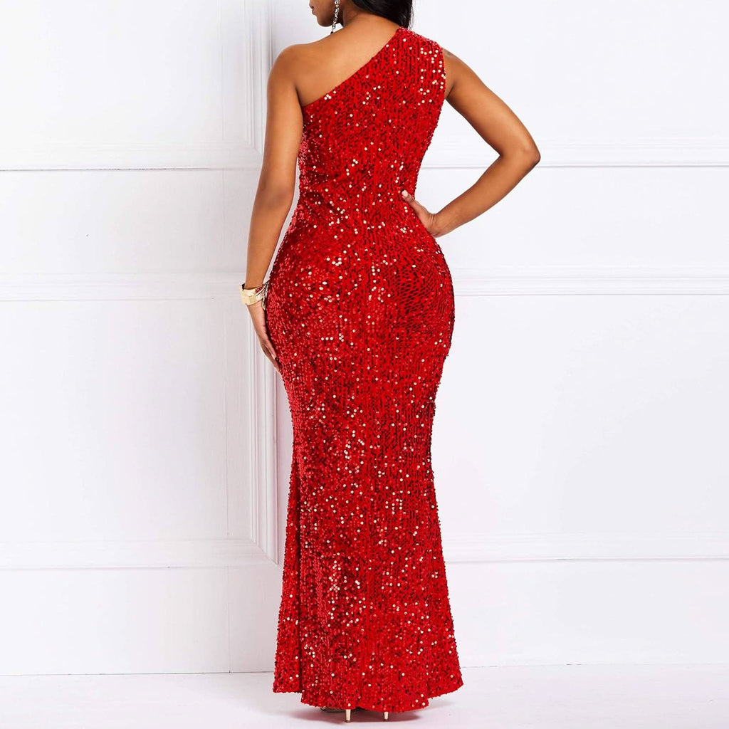 Sequins Fashion Sleeveless Oblique Collar Mermaid Women's Maxi Dress Bodycon Dress Party Dress - Bmbride