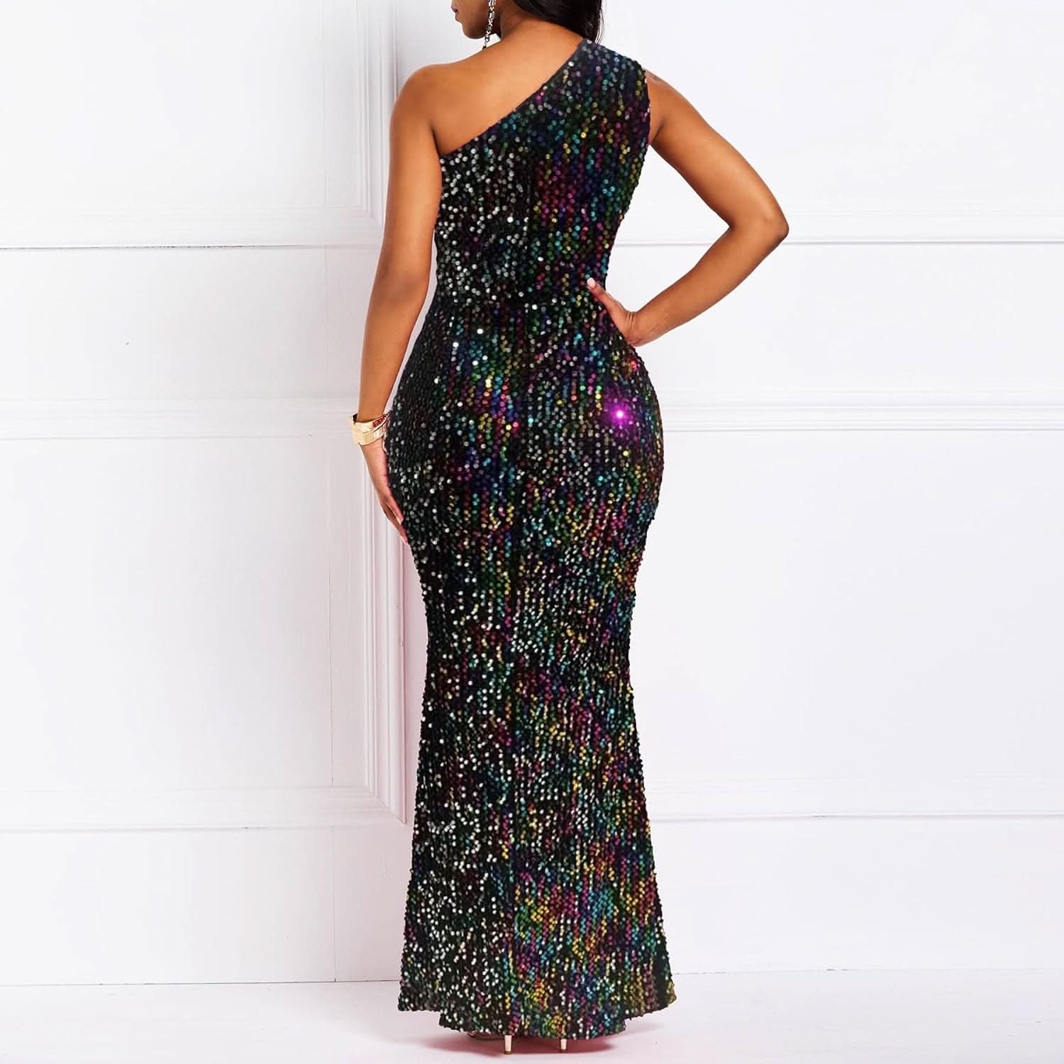 Sequins Fashion Sleeveless Oblique Collar Mermaid Women's Maxi Dress Bodycon Dress Party Dress - Bmbride