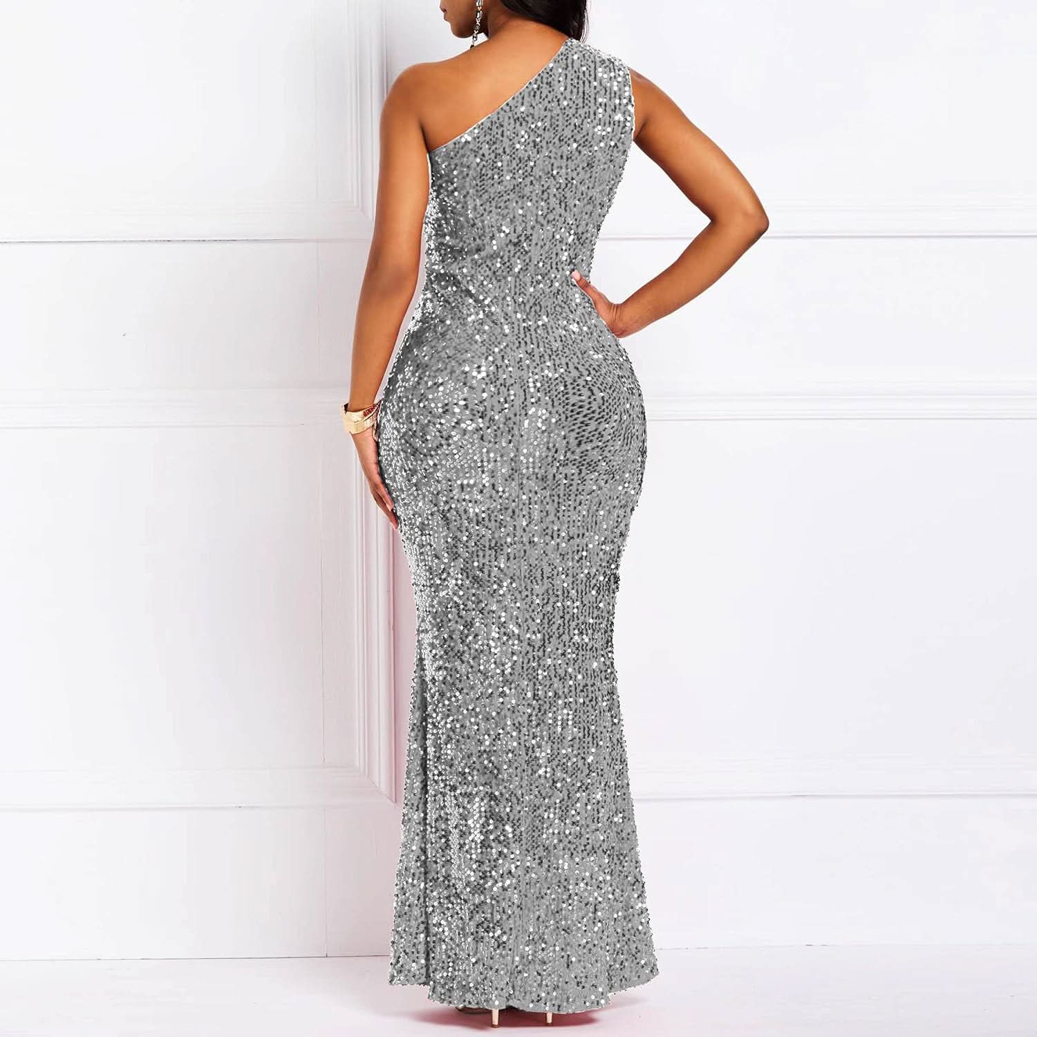 Sequins Fashion Sleeveless Oblique Collar Mermaid Women's Maxi Dress Bodycon Dress Party Dress - Bmbride