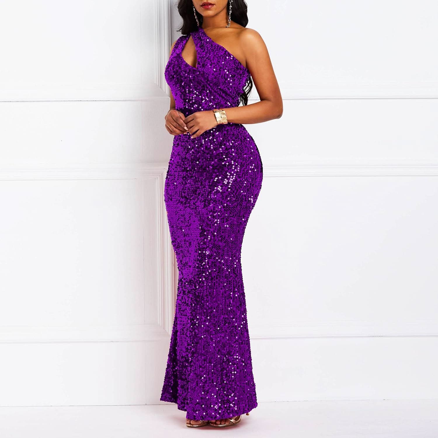 Sequins Fashion Sleeveless Oblique Collar Mermaid Women's Maxi Dress Bodycon Dress Party Dress - Bmbride