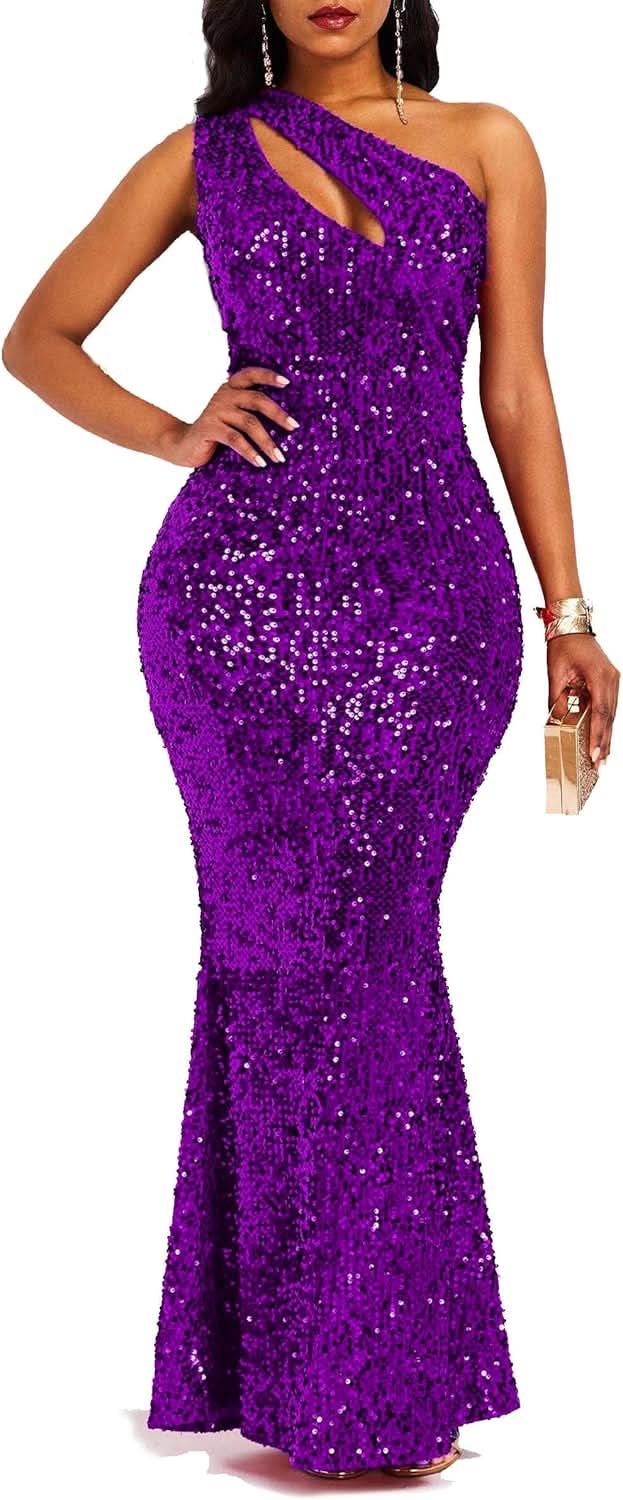 Sequins Fashion Sleeveless Oblique Collar Mermaid Women's Maxi Dress Bodycon Dress Party Dress - Bmbride