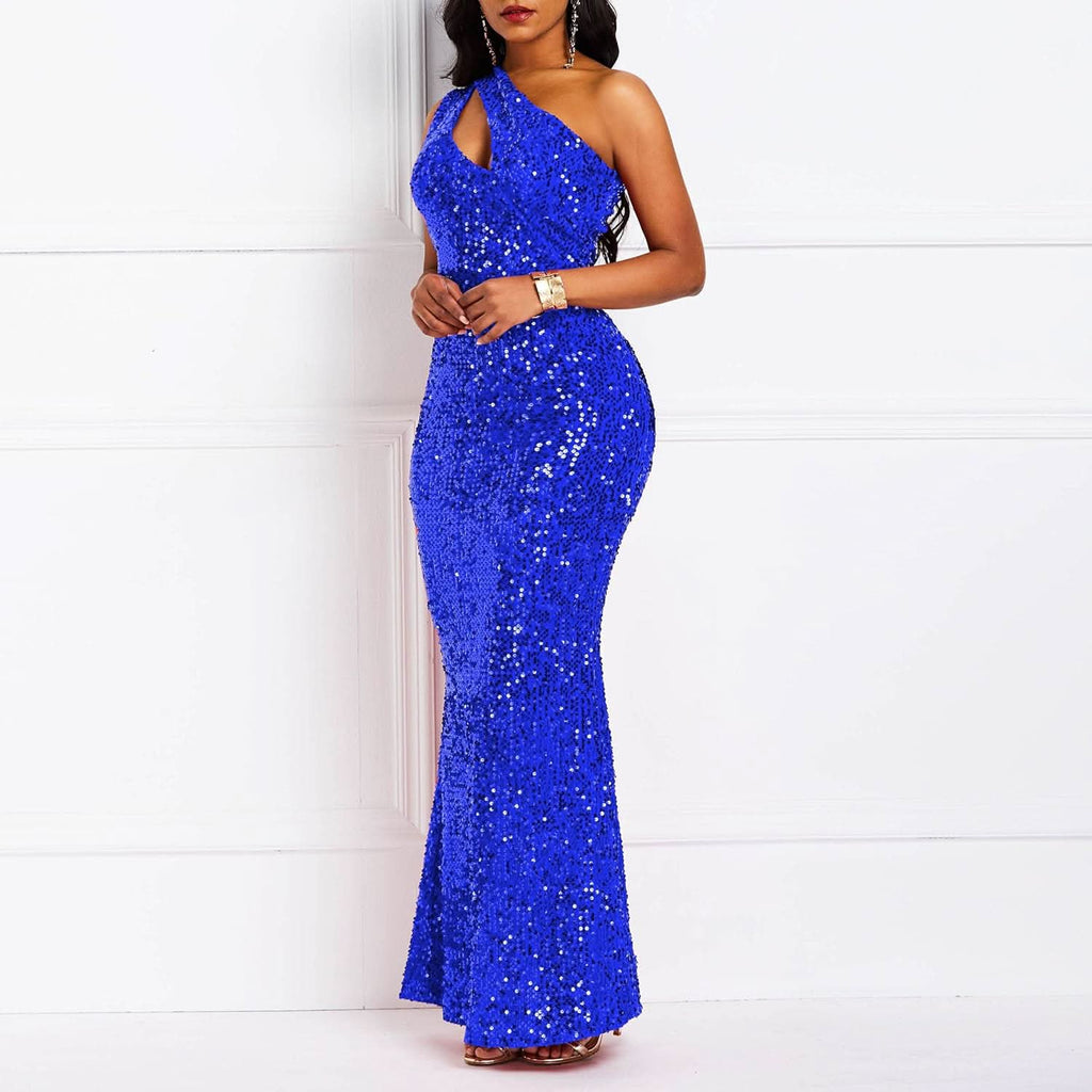 Sequins Fashion Sleeveless Oblique Collar Mermaid Women's Maxi Dress Bodycon Dress Party Dress - Bmbride