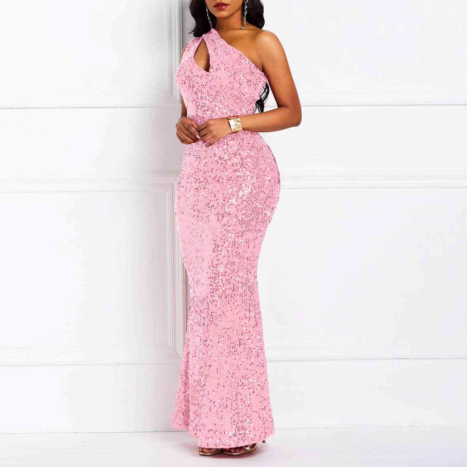 Sequins Fashion Sleeveless Oblique Collar Mermaid Women's Maxi Dress Bodycon Dress Party Dress - Bmbride