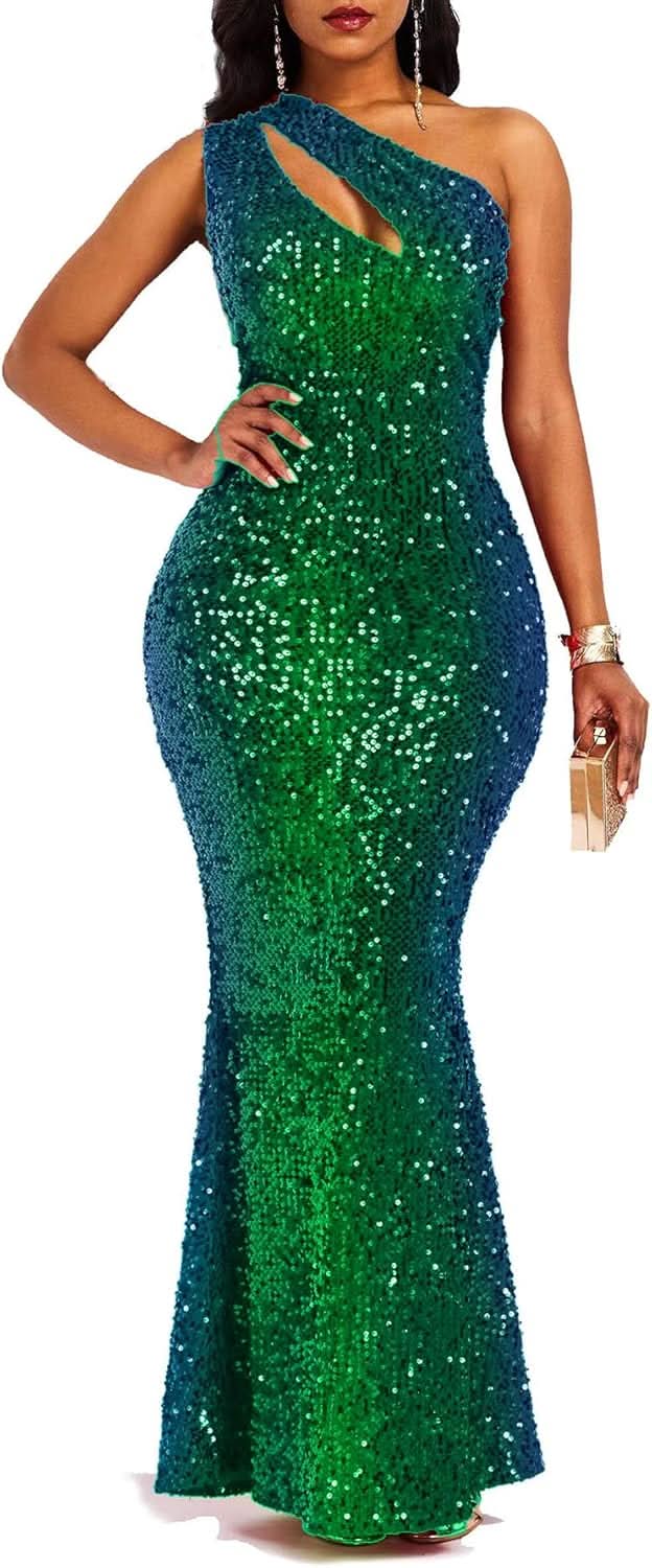 Sequins Fashion Sleeveless Oblique Collar Mermaid Women's Maxi Dress Bodycon Dress Party Dress - Bmbride