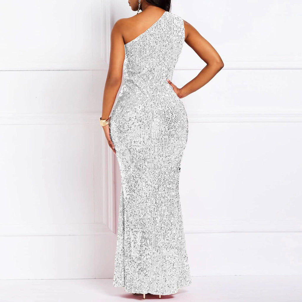 Sequins Fashion Sleeveless Oblique Collar Mermaid Women's Maxi Dress Bodycon Dress Party Dress - Bmbride