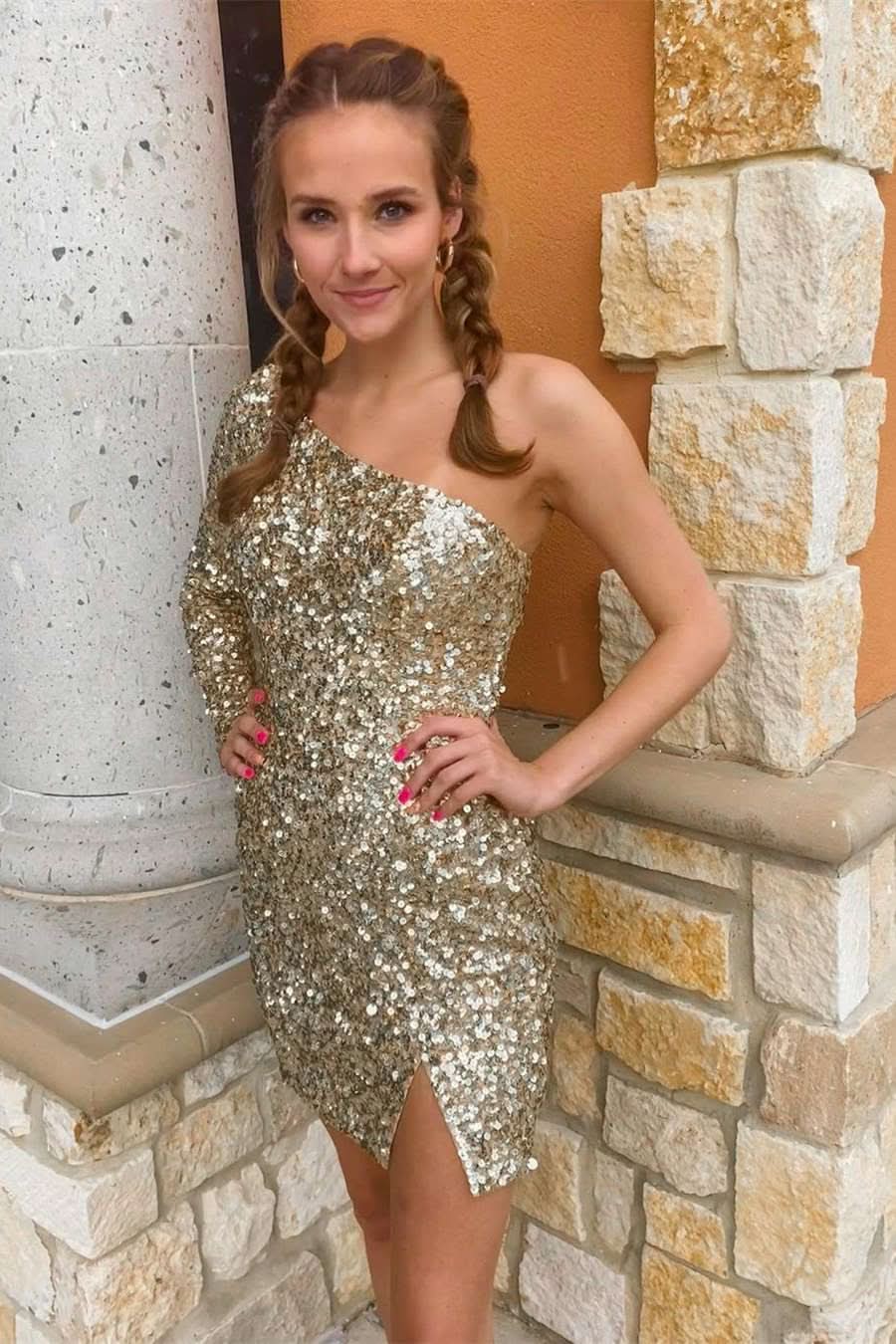 Stunning Bodycon One-Shoulder Sequins Homecoming Dress BM bride
