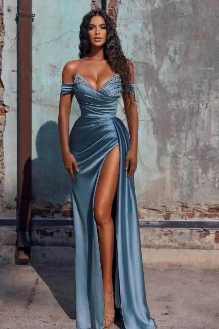 BMbride Sexy Blue Long Off-the-shoulder High Split Evening Dresses BMbride