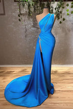 BMbride Sexy Blue One Shoulder Split Mermaid Prom Dress With Beads BMbride