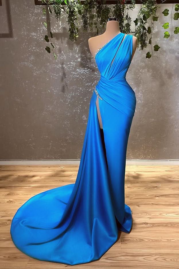 BMbride Sexy Blue One Shoulder Split Mermaid Prom Dress With Beads BMbride
